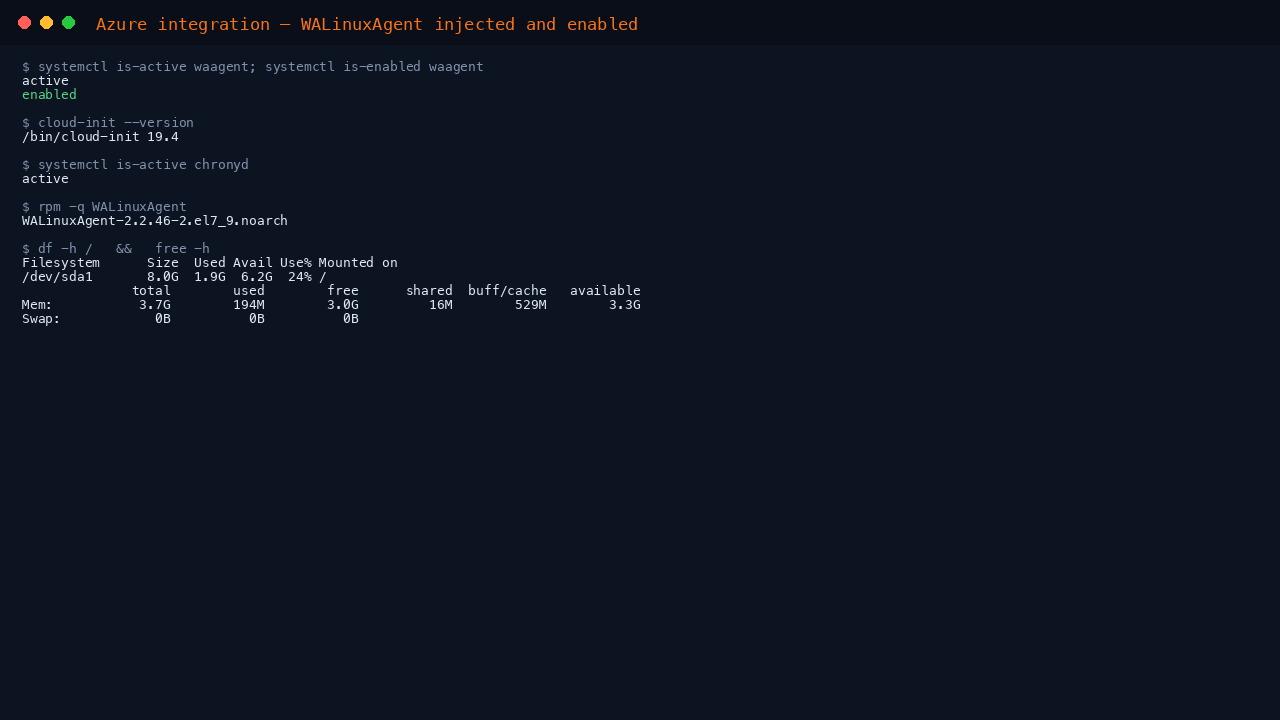 Terminal showing the Azure Linux Agent active and enabled at boot, cloud-init present, chronyd active, and the disk and memory summary