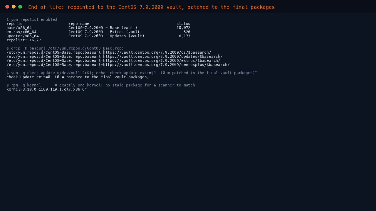 Terminal showing yum repolist with the base updates and extras repositories repointed to the CentOS 7.9.2009 vault, the CentOS-Base.repo baseurls at vault.centos.org, and yum check-update exiting 0 meaning patched to the final vault packages