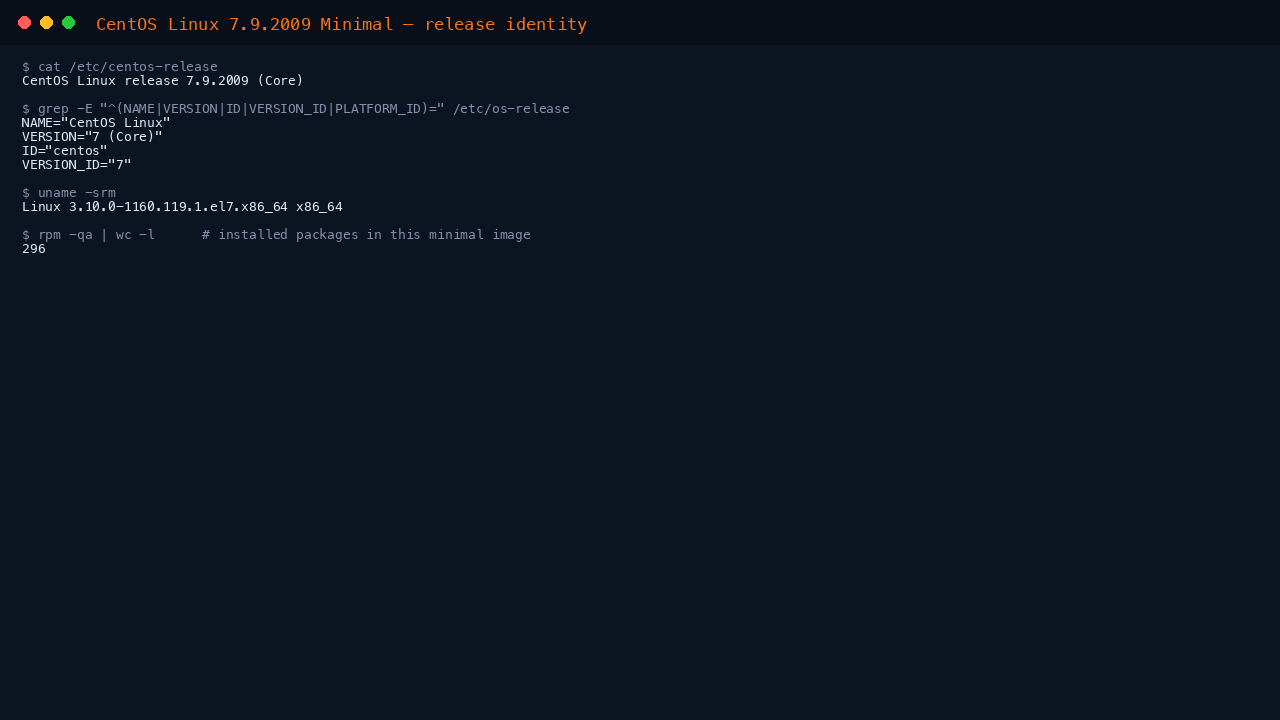 Terminal showing cat of etc centos-release reporting CentOS Linux release 7.9.2009 Core, os-release fields ID centos and VERSION_ID 7, uname reporting the 3.10.0 el7 kernel on x86_64, and rpm reporting 296 installed packages