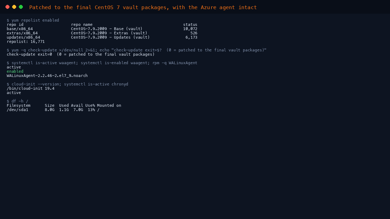 Terminal showing yum repolist with the base updates and extras repositories repointed to the CentOS 7.9.2009 vault, yum check-update exiting 0 meaning patched to the final vault packages, and the Azure Linux Agent reporting active and enabled alongside cloud-init and chronyd