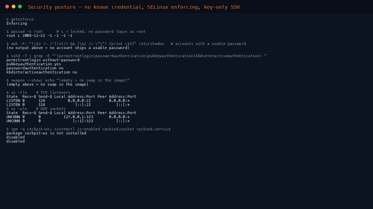 The terminal shows getenforce reporting Enforcing, passwd -S root reporting the root account as L meaning locked, no accounts holding a usable password, the effective sshd policy reporting permitrootlogin without-password, pubkeyauthentication yes, passwordauthentication no and kbdinteractiveauthentication no, swapon showing no swap, ss listing sshd on port 22 as the only TCP listener and chronyd on the loopback address as the only UDP socket, cockpit-ws reported as not installed, and rpcbind socket and service both disabled