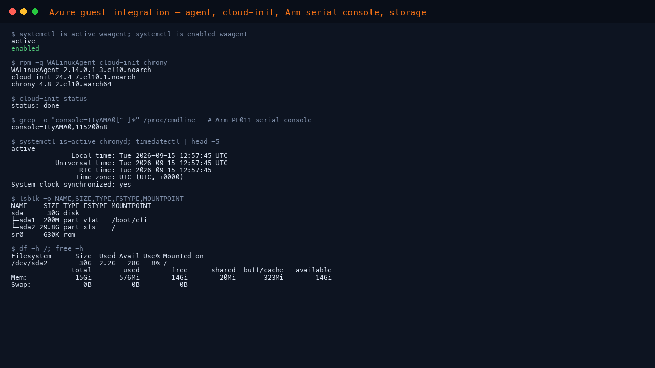 The terminal shows waagent active and enabled at boot, the WALinuxAgent, cloud-init and chrony package versions from the CentOS repositories, cloud-init status reporting done, the kernel command line carrying console equals ttyAMA0 for the Arm PL011 serial console, chronyd active with the clock synchronised on UTC, and lsblk and df showing a flat layout with a 200 megabyte EFI partition and an XFS root grown to the full operating system disk