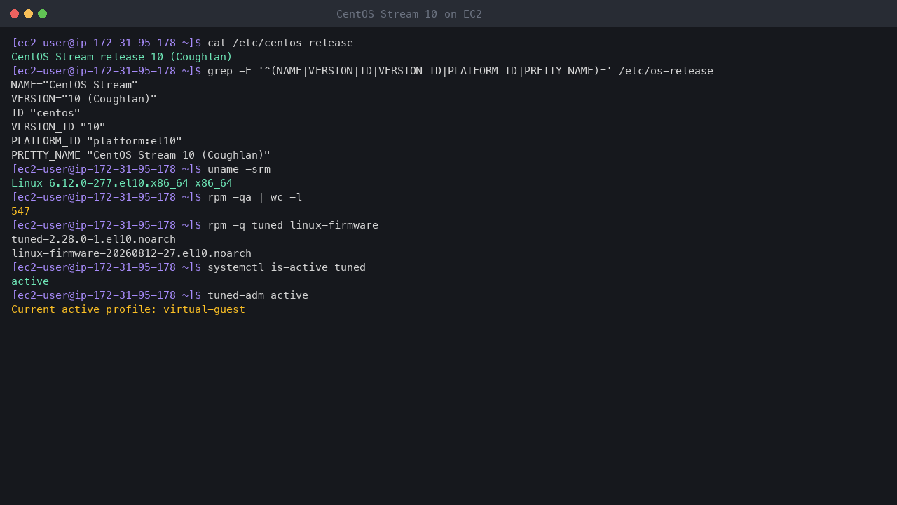 Terminal output showing centos-release reporting CentOS Stream release 10 Coughlan, os-release with platform el10, uname reporting the x86_64 el10 kernel, 547 installed packages including tuned and linux-firmware, and tuned active with the virtual-guest profile