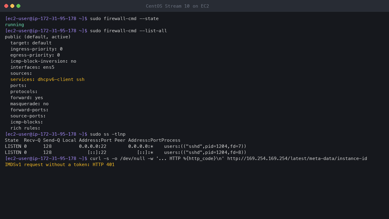 Terminal output showing firewalld running with the public zone on ens5 allowing only the dhcpv6-client and ssh services and no ports or rich rules, sshd as the only listening TCP socket, and a token-less IMDSv1 request refused with HTTP 401