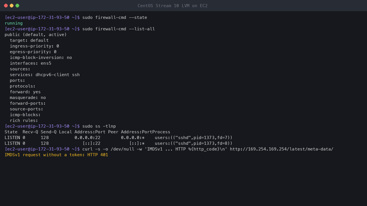 Terminal output showing firewalld running with the public zone on ens5 allowing only the dhcpv6-client and ssh services and no ports or rich rules, sshd as the only listening TCP socket, and a token-less IMDSv1 request refused with HTTP 401