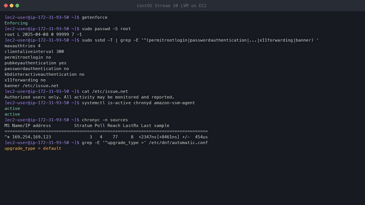 Terminal output showing SELinux enforcing, the root account locked, the effective SSH settings with root login, password and keyboard-interactive authentication and X11 forwarding off and the login banner, chrony and the SSM agent active, chrony synchronised to the Amazon Time Sync Service at 169.254.169.123, and dnf-automatic set to apply all updates