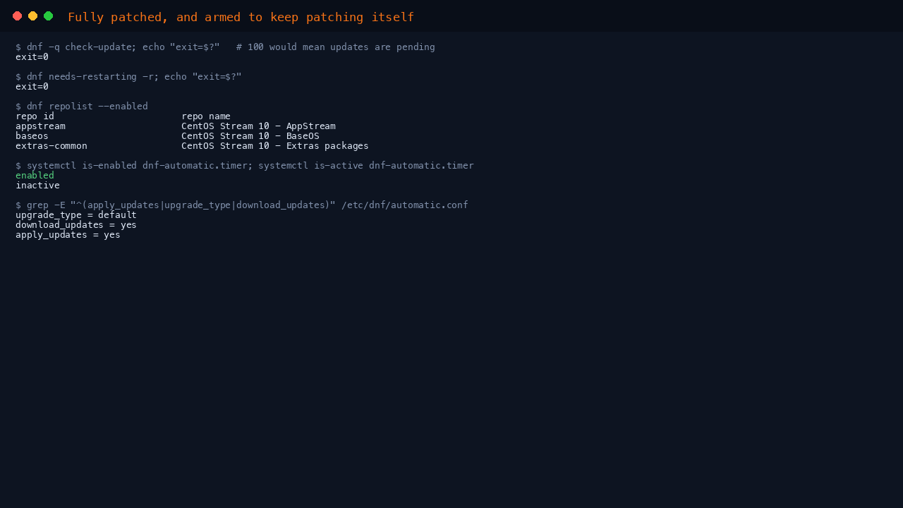 Patch status — dnf check-update clean, no reboot pending, repos enabled, dnf-automatic timer enabled and active