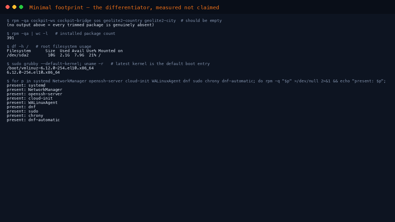 Minimal footprint measured on this image — trimmed packages absent, installed package count, root filesystem usage, default kernel, and every essential retained