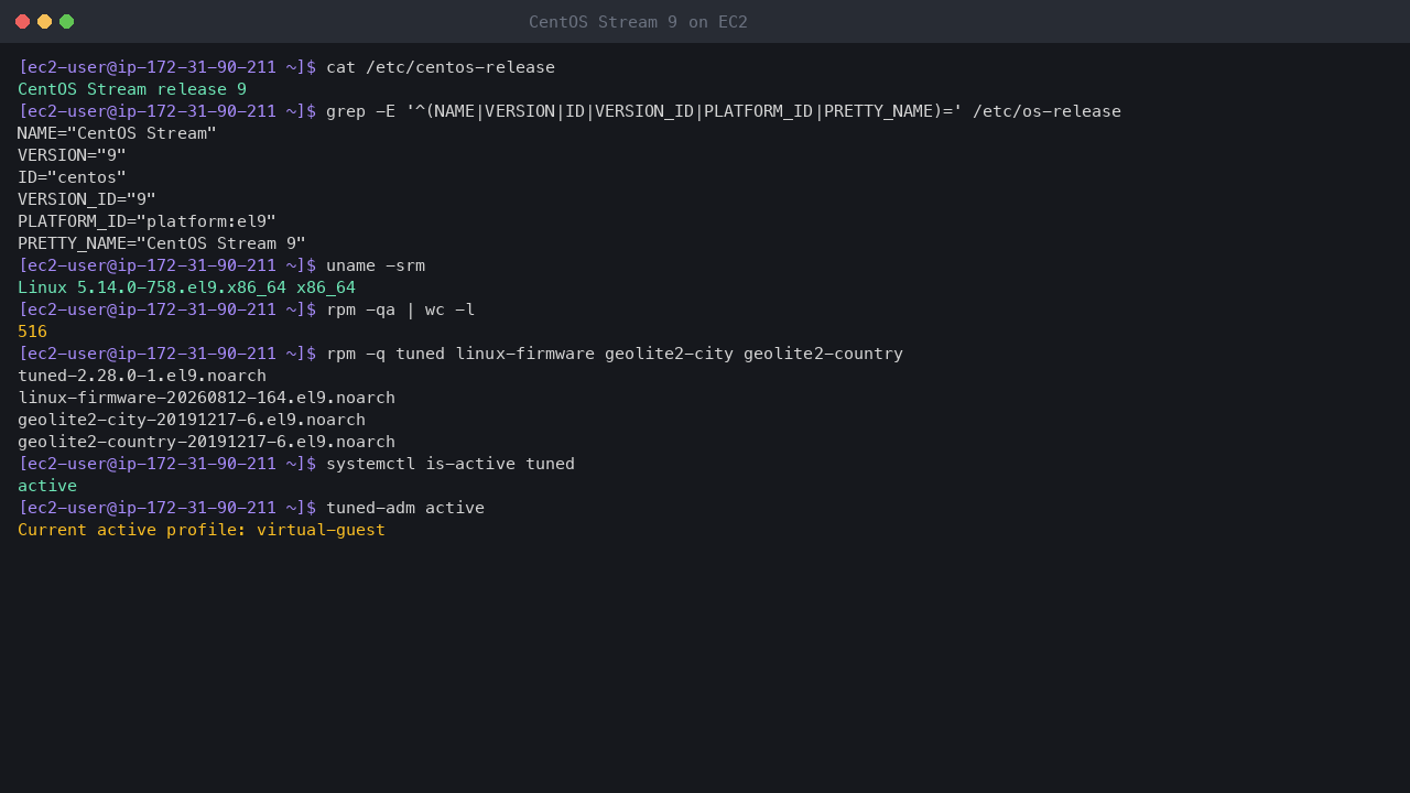 Terminal output showing centos-release reporting CentOS Stream release 9, os-release with platform el9, uname reporting the x86_64 el9 kernel, 516 installed packages including tuned, linux-firmware and the GeoLite2 databases, and tuned active with the virtual-guest profile