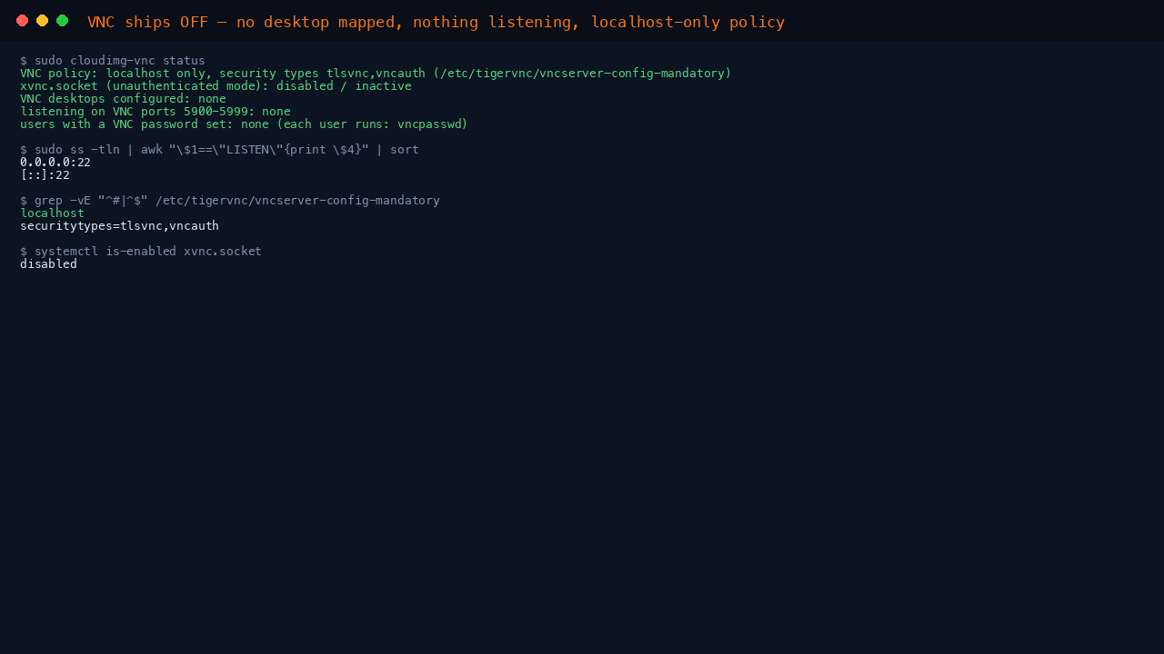 The terminal shows cloudimg-vnc status reporting the localhost only policy, xvnc.socket disabled, no VNC desktops configured, nothing listening on the VNC ports and no user with a VNC password, then the TCP listeners limited to SSH on port 22 and the two lines of the mandatory policy file