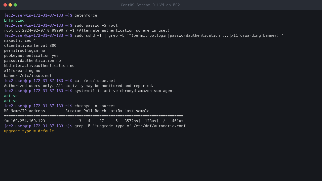 Terminal output showing SELinux enforcing, the root account locked, the effective SSH settings with root login, password and keyboard-interactive authentication and X11 forwarding off and the login banner, chrony and the SSM agent active, chrony synchronised to the Amazon Time Sync Service at 169.254.169.123, and dnf-automatic set to apply all updates