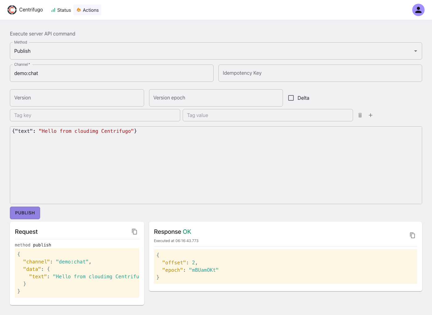 Publishing a message into the demo:chat channel from the Actions page, with the request and the OK response