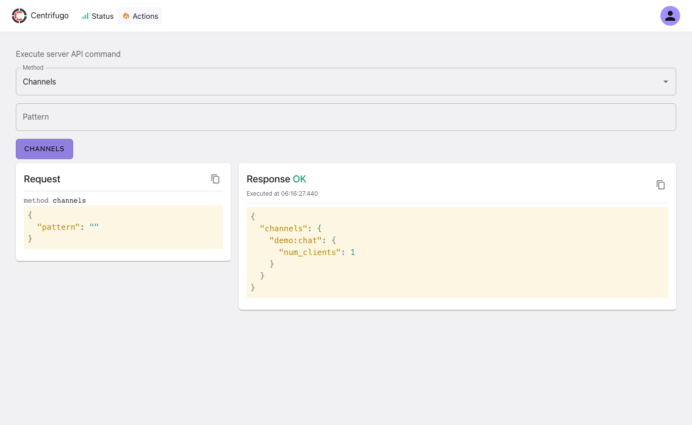 The Channels action listing demo:chat with one client