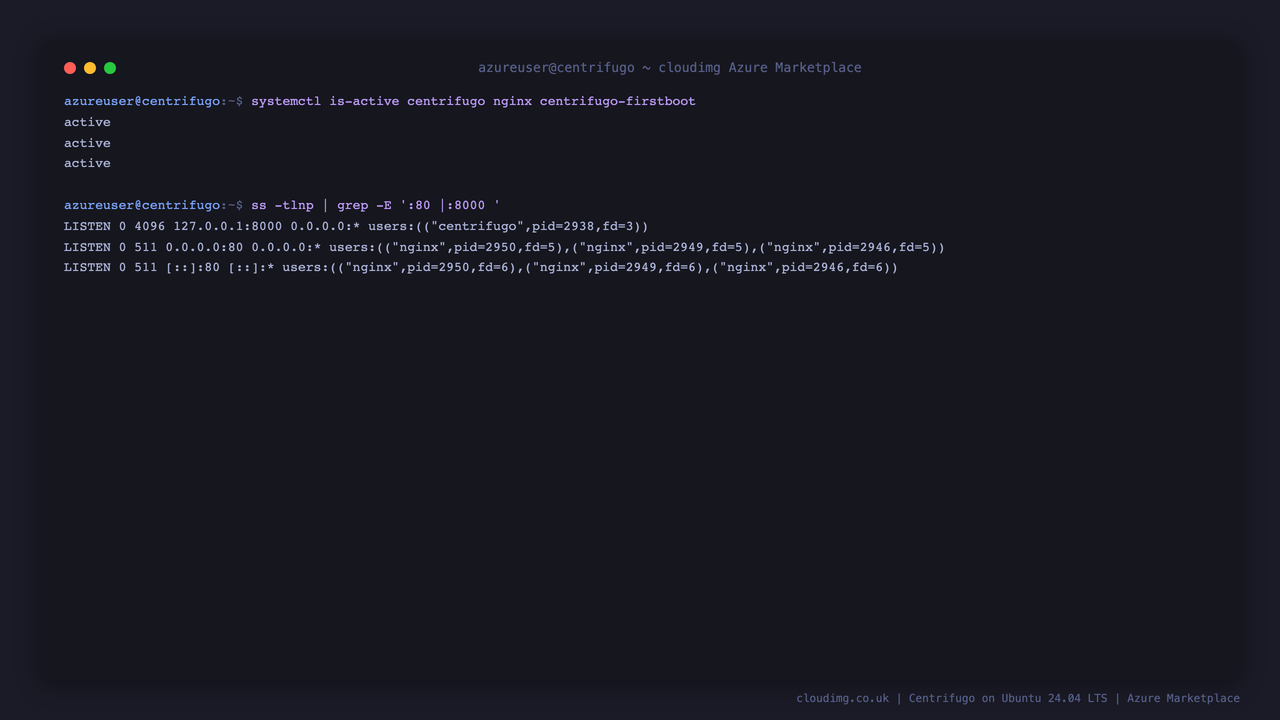 Centrifugo, nginx and the firstboot service all active, with nginx bound to public port 80 and Centrifugo bound to loopback 127.0.0.1:8000 only