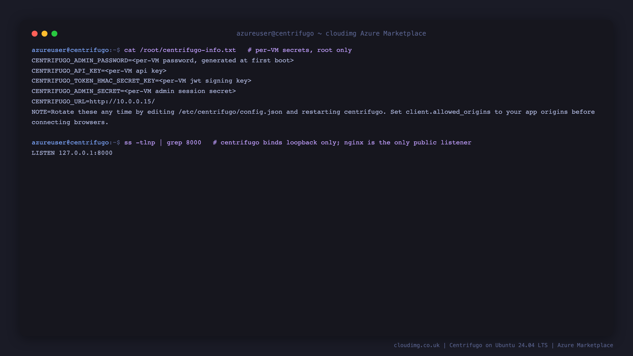 The per VM secrets note with the admin password, API key, JWT signing key and admin secret all masked, and Centrifugo bound to loopback 127.0.0.1:8000 only