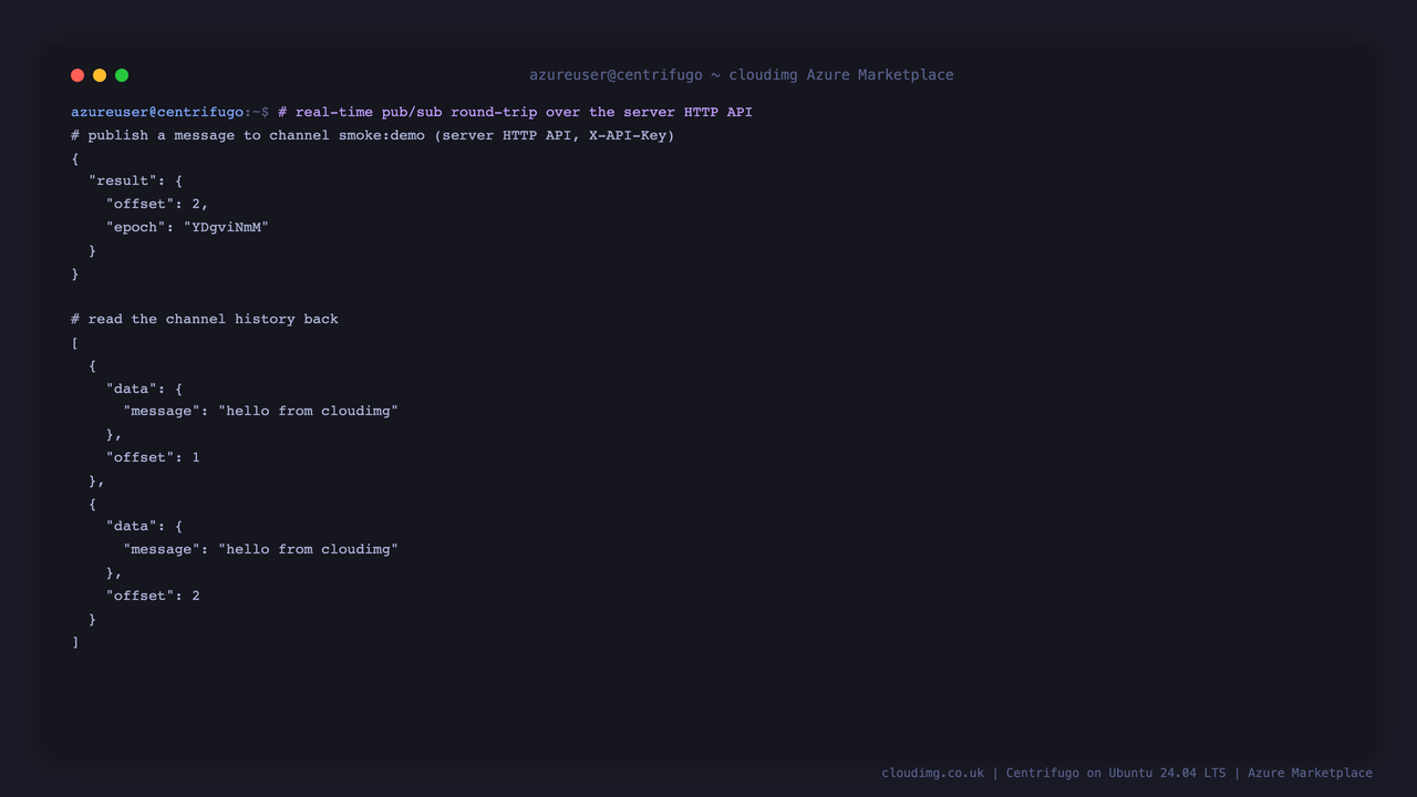 Publishing a message to channel smoke:demo through the server HTTP API returns a stream position, and the history call returns the published message back