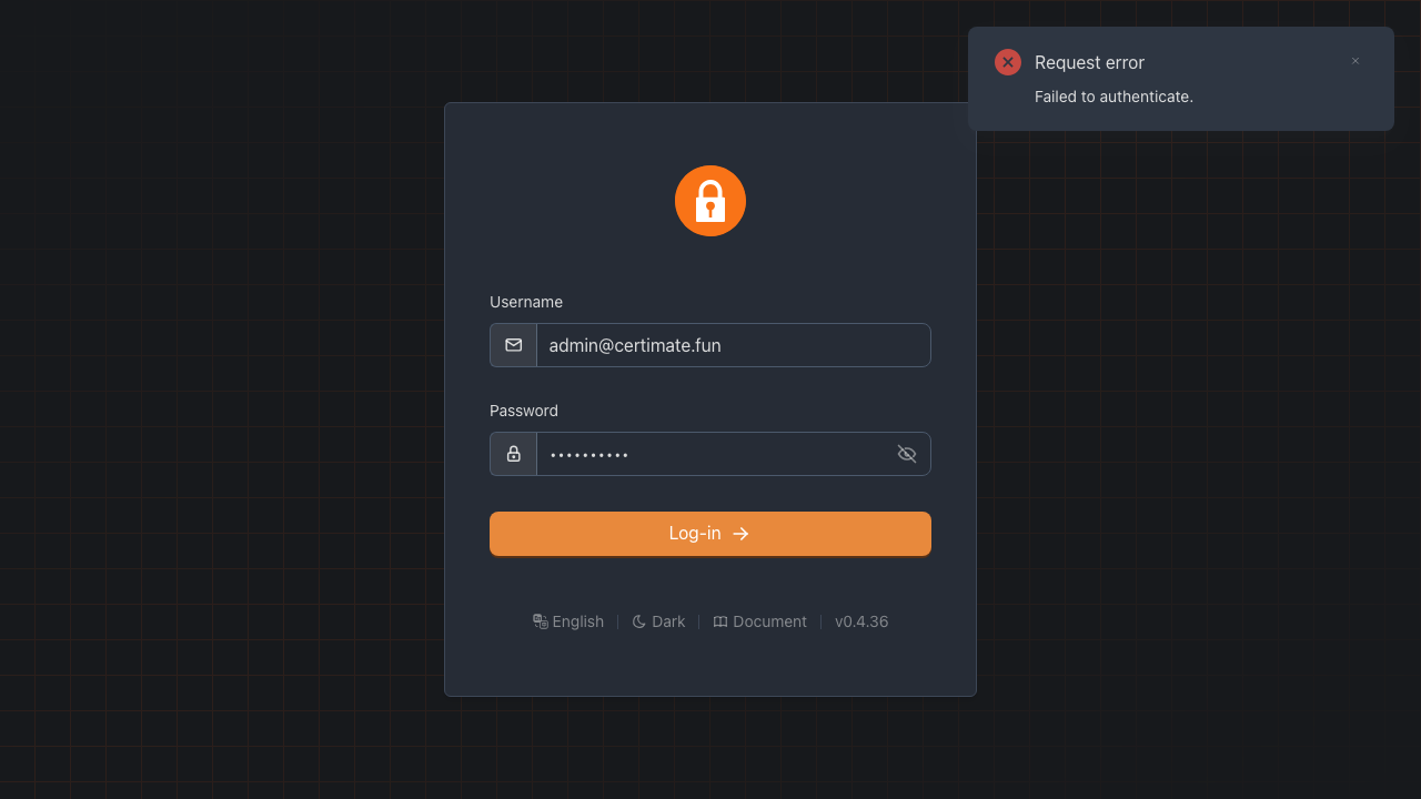 The Certimate sign-in page showing "Failed to authenticate" after the default admin@certimate.fun / 1234567890 sign-in