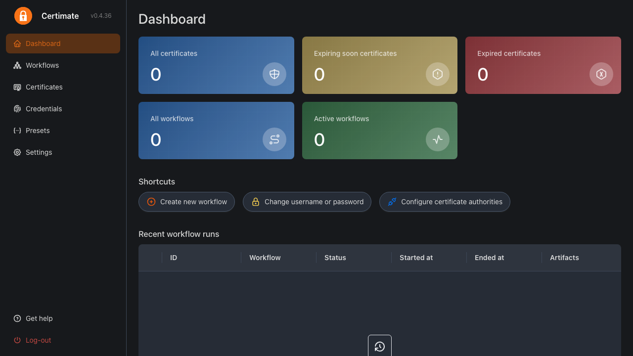 The Certimate dashboard with the navigation menu: Dashboard, Workflows, Certificates, Credentials, Presets and Settings