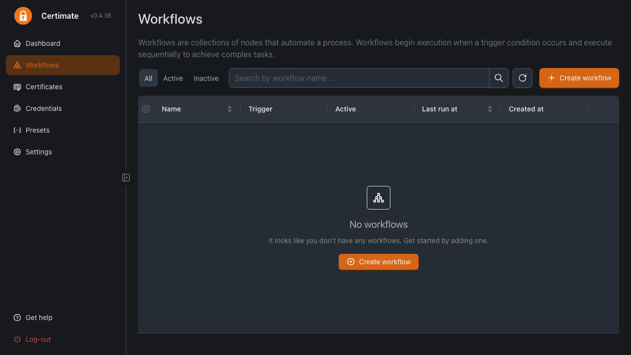 The Certimate Workflows page