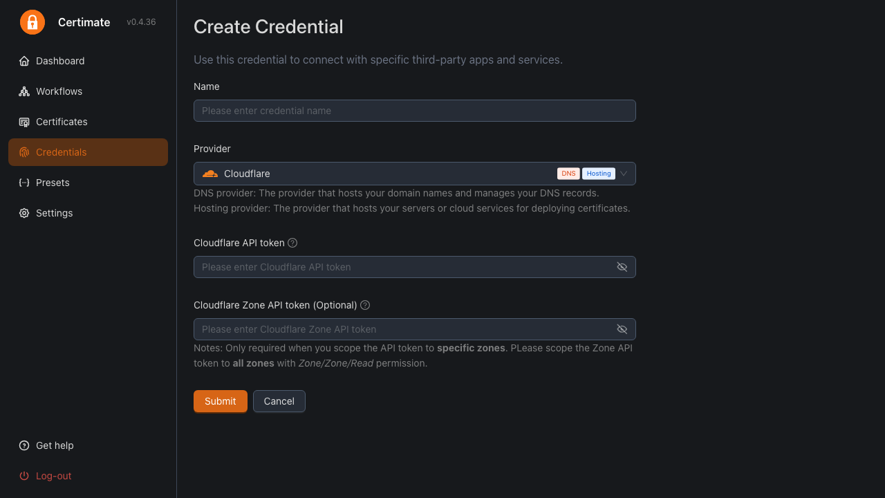 The Cloudflare credential form asking for a Cloudflare API token and an optional Zone API token
