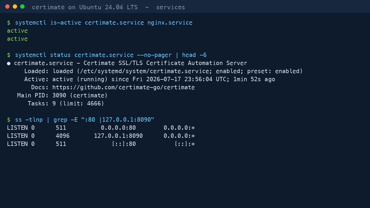 The certimate and nginx services reporting active, with nginx listening on port 80 and the Certimate server bound to loopback on 127.0.0.1:8090