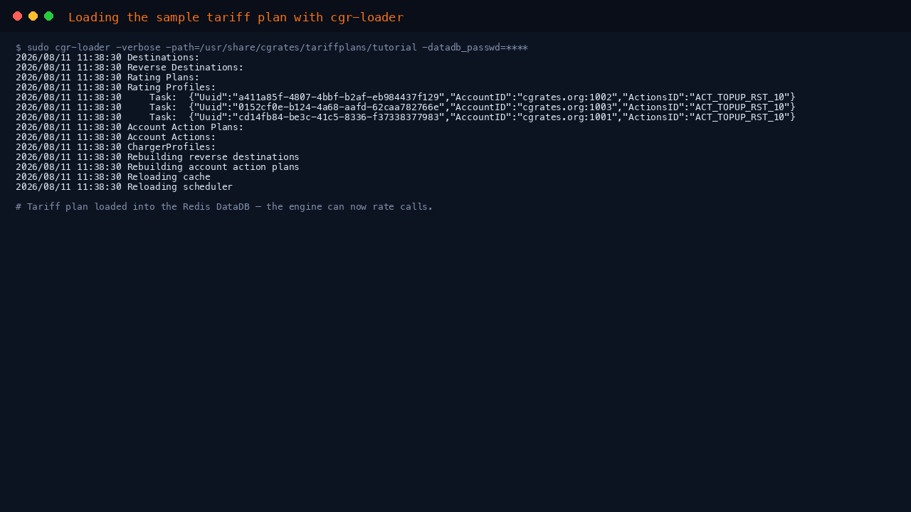 Terminal showing cgr-loader running with verbose output, reading the sample tutorial tariff plan from /usr/share/cgrates/tariffplans/tutorial and writing destinations, rates, rating plans, rating profiles, account actions and chargers into the Redis DataDB, then reporting Done