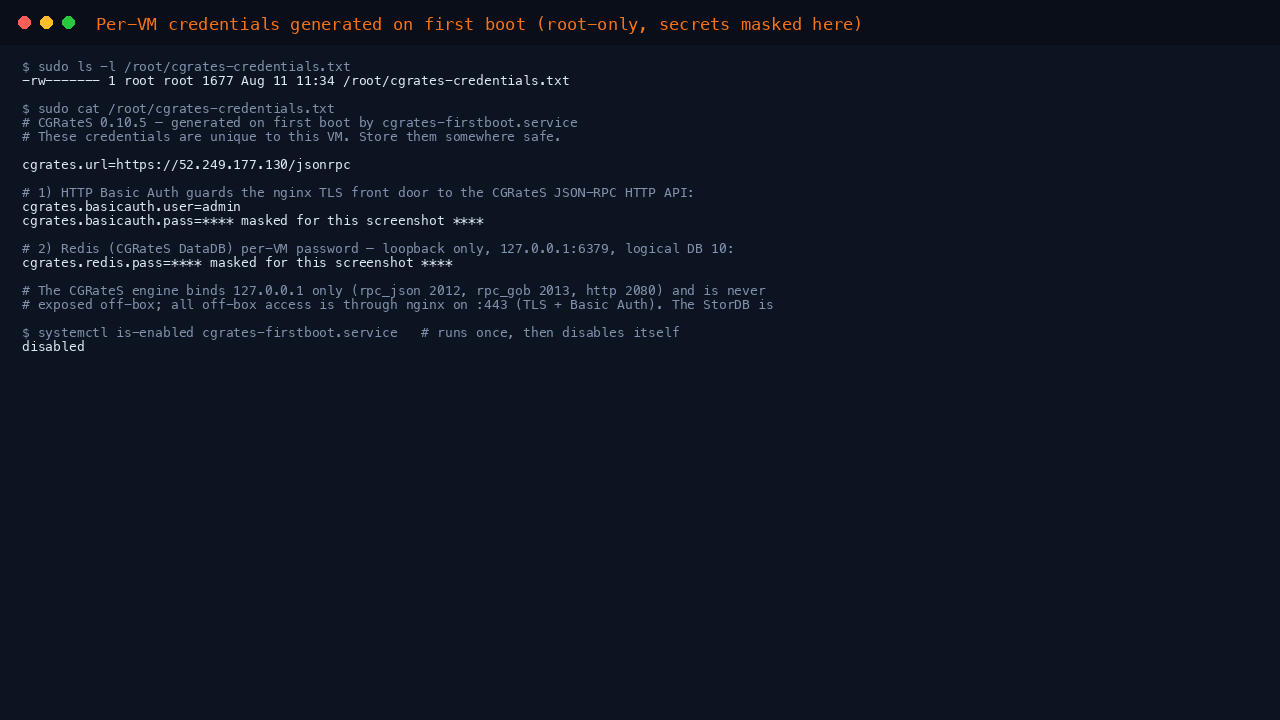 Terminal showing the per VM credentials file at /root/cgrates-credentials.txt owned by root with mode 600, listing the CGRateS HTTPS JSON-RPC URL, the Basic Auth user admin with its per VM password, and the per VM Redis DataDB password, all unique to this VM