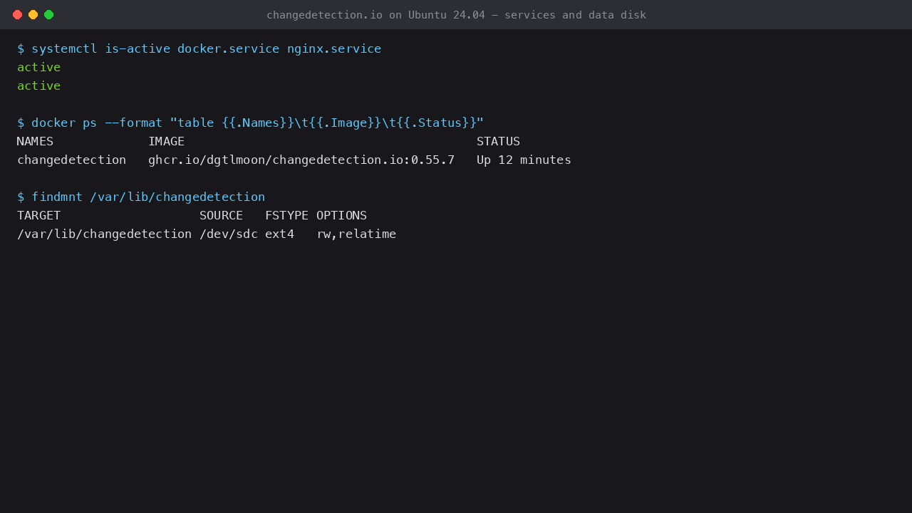 docker.service and nginx.service active, the changedetection container running on the loopback connector 5000, and the dedicated data disk mounted at /var/lib/changedetection