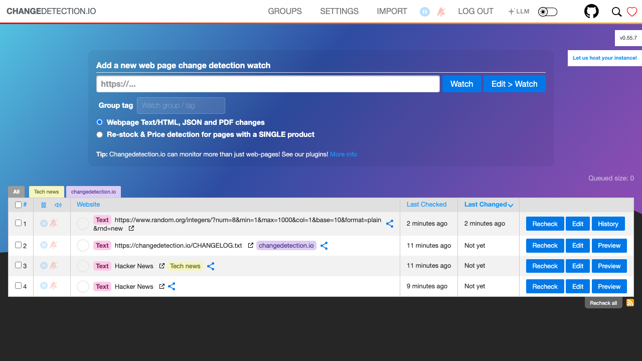 The changedetection.io watch list showing monitored pages with last-checked and last-changed times and the add-a-watch form