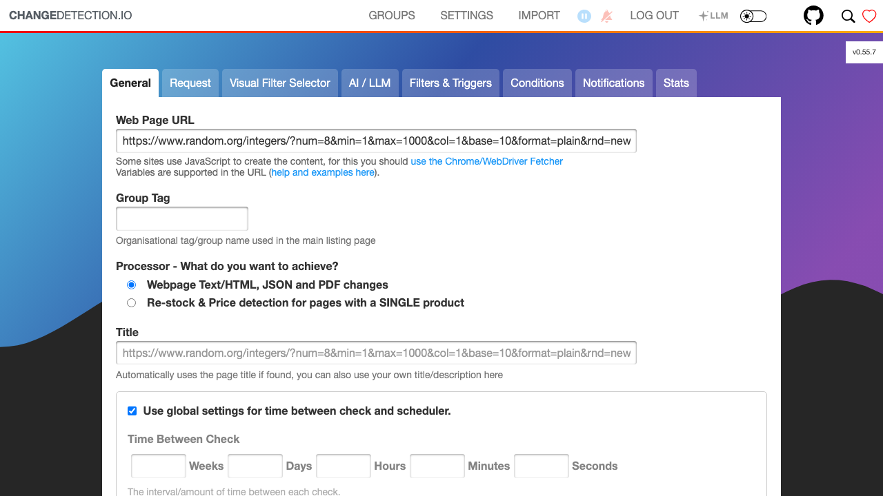 The changedetection.io watch configuration form with the URL, processor, check frequency, filters and notifications tabs