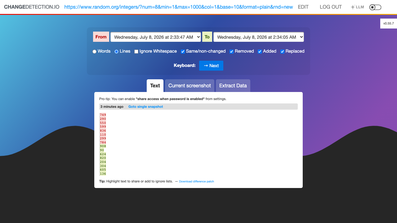 The changedetection.io diff view comparing two snapshots, with removed content in red and added content in green