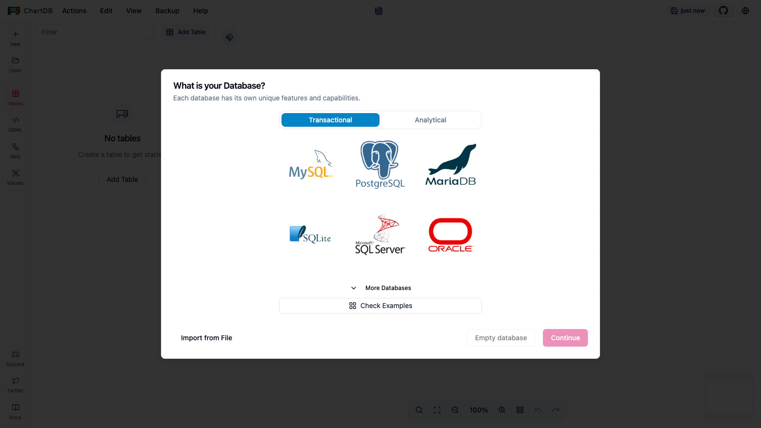 The ChartDB What is your Database screen with MySQL, PostgreSQL, MariaDB, SQLite, SQL Server and Oracle on the Transactional tab