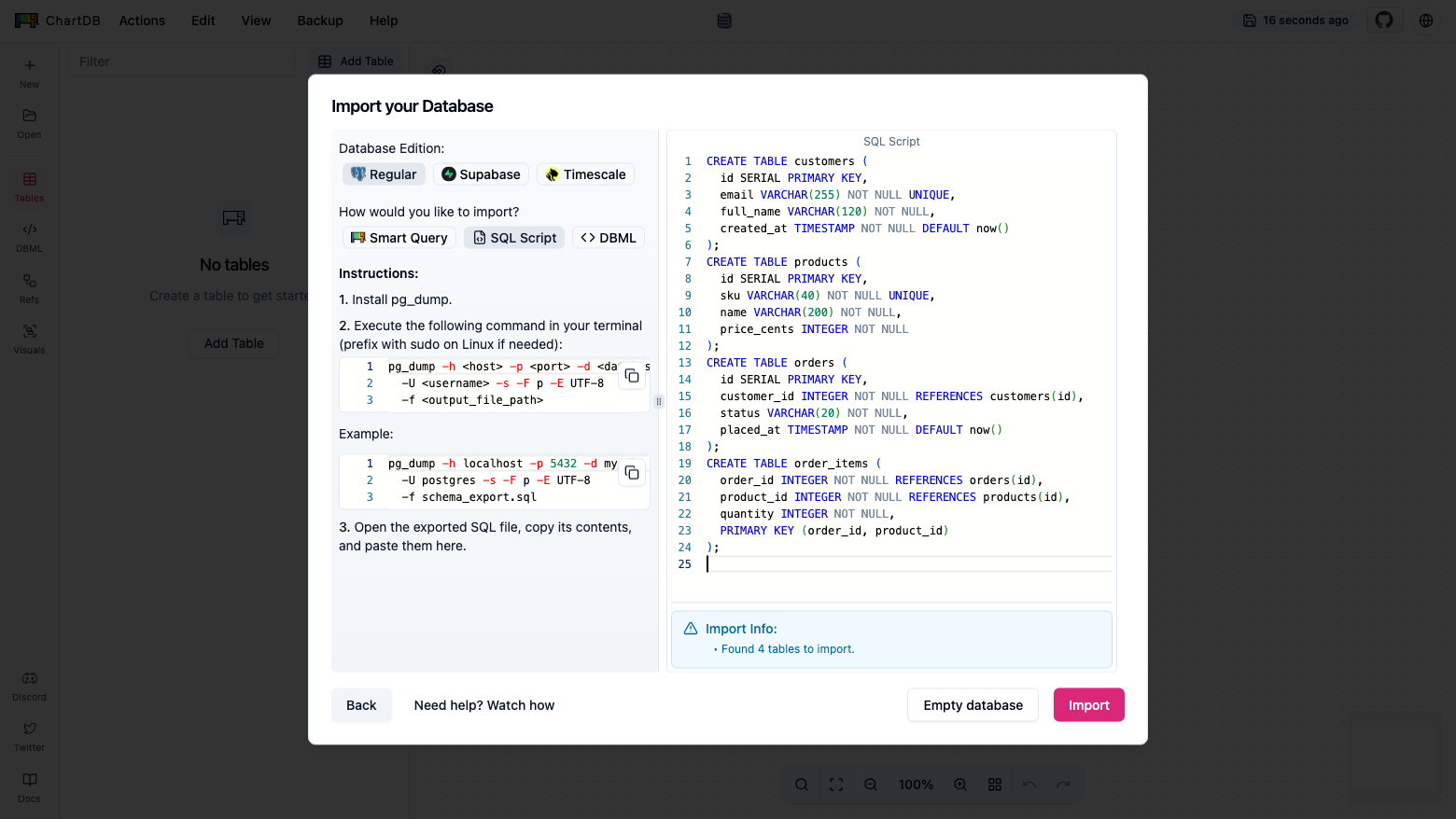 The ChartDB SQL Script import tab with CREATE TABLE statements for customers, products, orders and order items