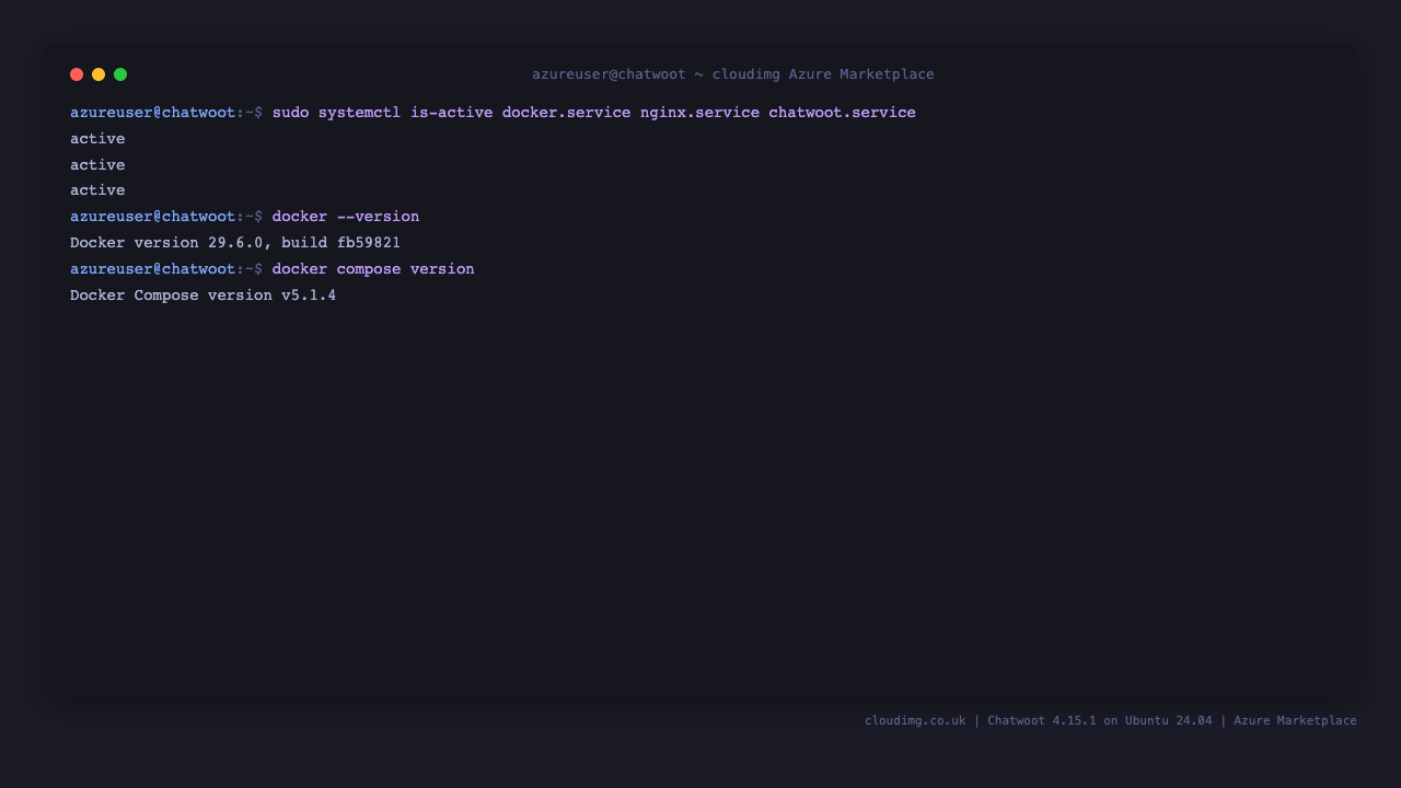 Docker, nginx and Chatwoot systemd services reporting active with Docker and Compose versions