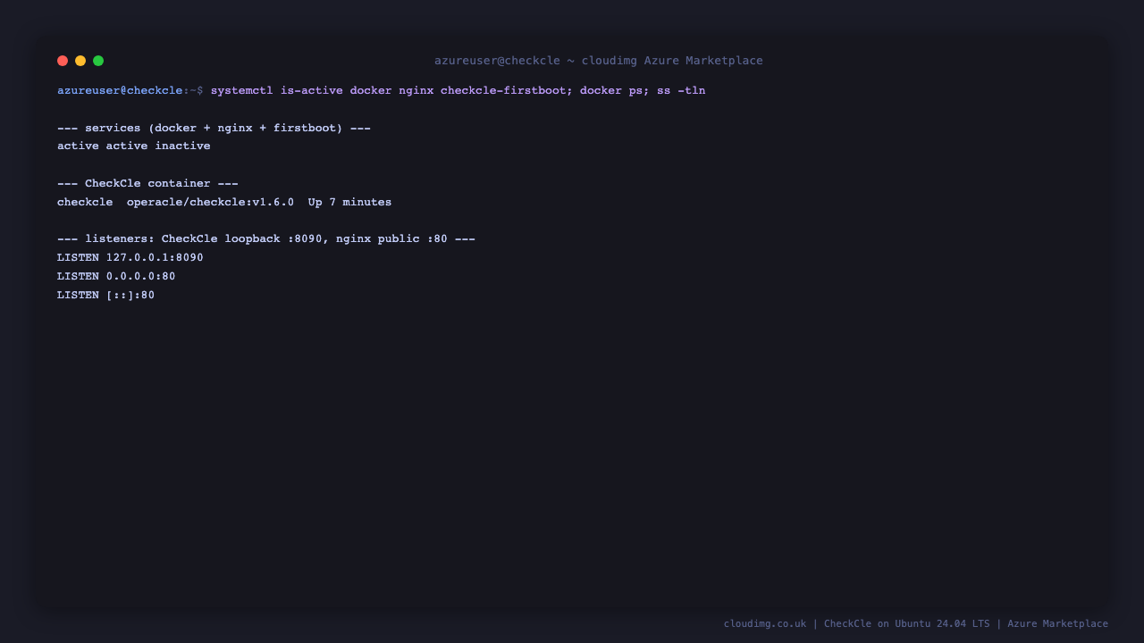 docker.service and nginx.service active, the CheckCle container running on the loopback connector 8090, and the nginx public listener on port 80