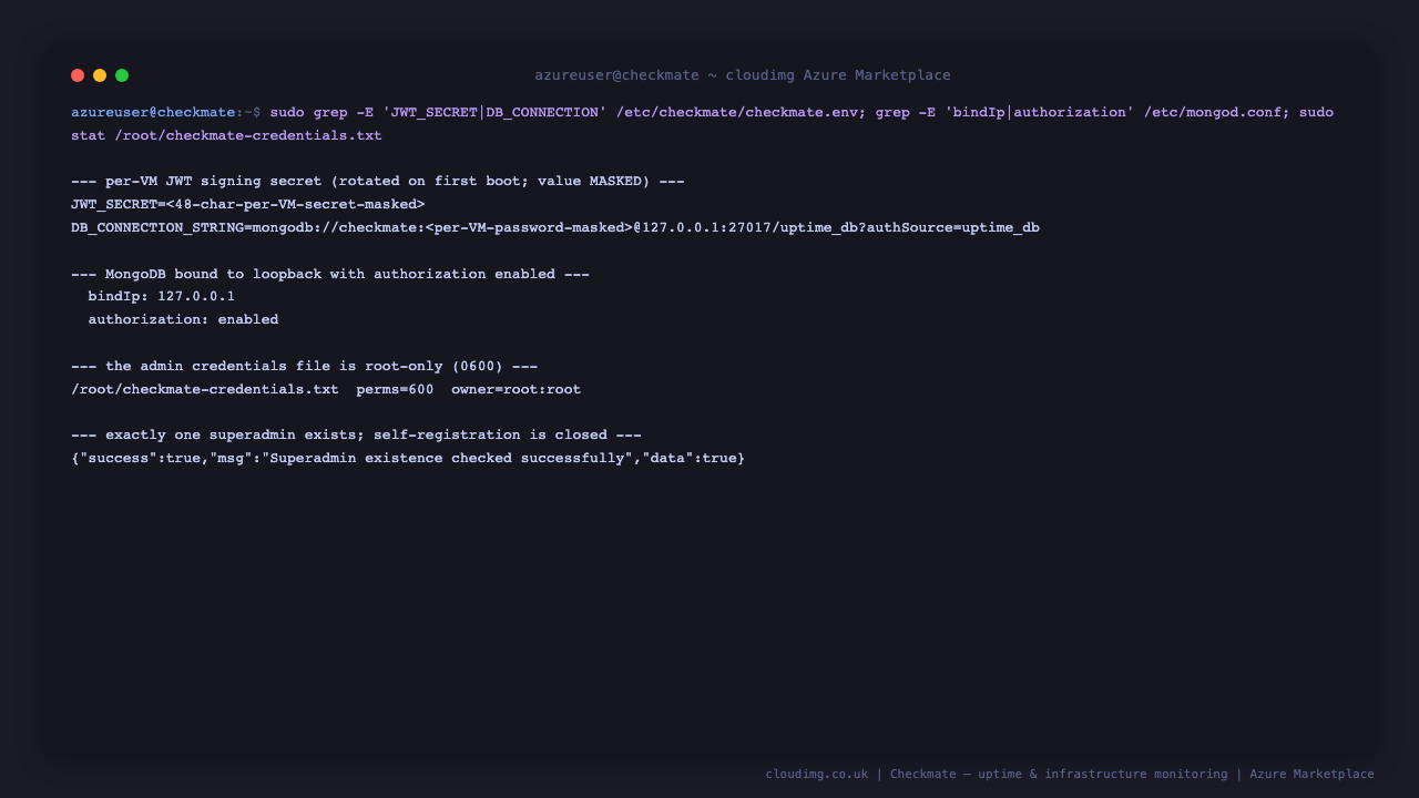 Per VM secrets rotated on first boot with the JWT and MongoDB password masked, MongoDB on loopback with authorization enabled, the credentials file root only at 600, and exactly one superadmin present