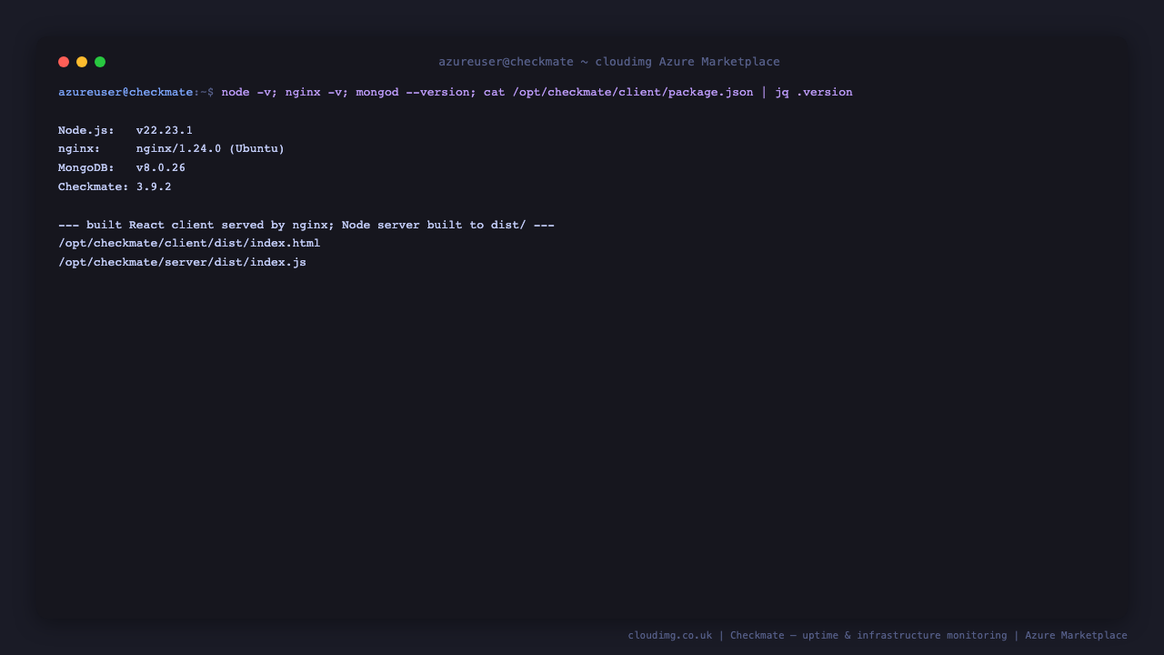 Node.js 22, nginx, MongoDB 8.0 and Checkmate 3.9.2, with the built React client and Node server present on disk