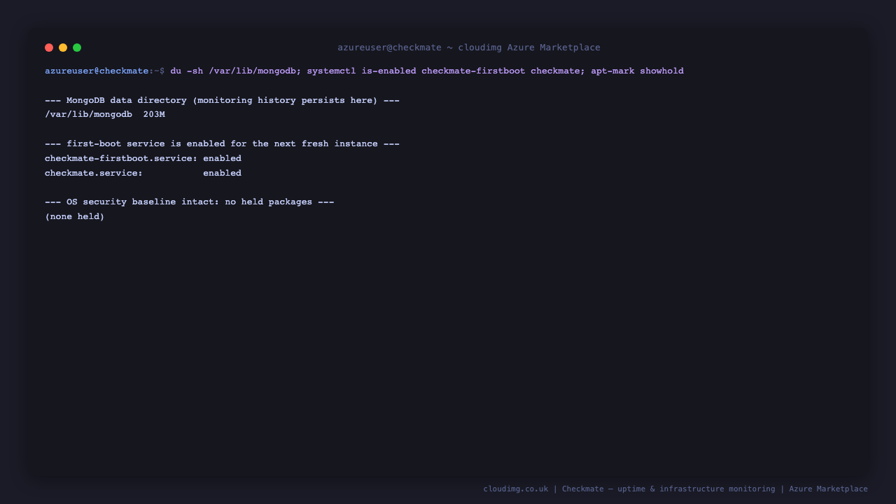 The MongoDB data directory on disk, the first boot and Checkmate services enabled, and an intact OS patch baseline with no held packages