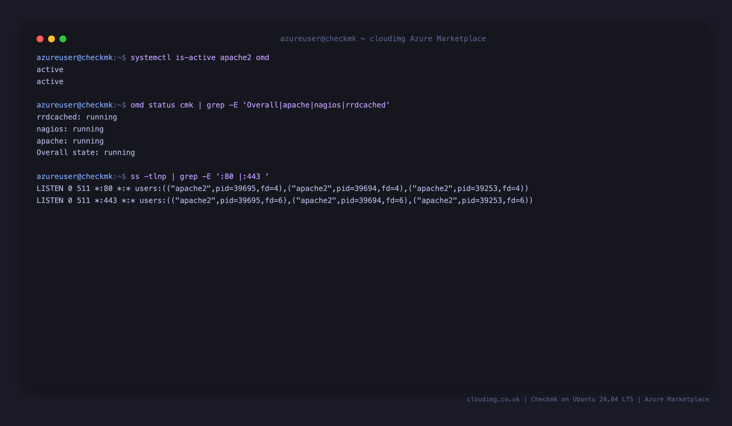 The apache2 and omd services reported active, the OMD site cmk showing its Nagios core, RRD cache and site Apache running with an overall running state, and Apache listening on ports 80 and 443