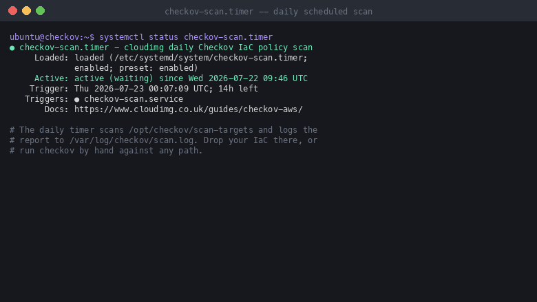 The checkov-scan.timer systemd timer active and scheduled for the next daily infrastructure-as-code scan