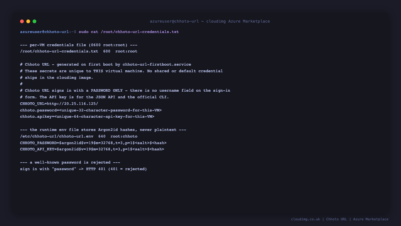The per-VM credentials file and the Argon2id hashes in the runtime environment