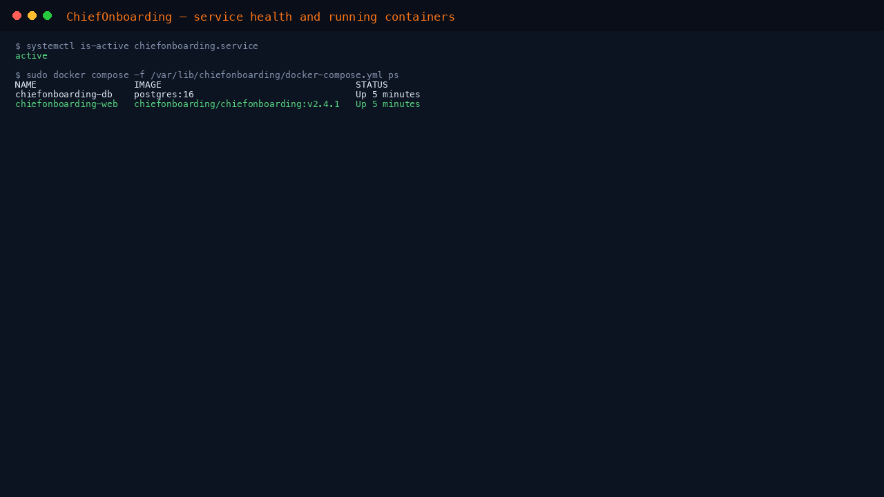 ChiefOnboarding Compose stack running under Docker - the Django web application and PostgreSQL