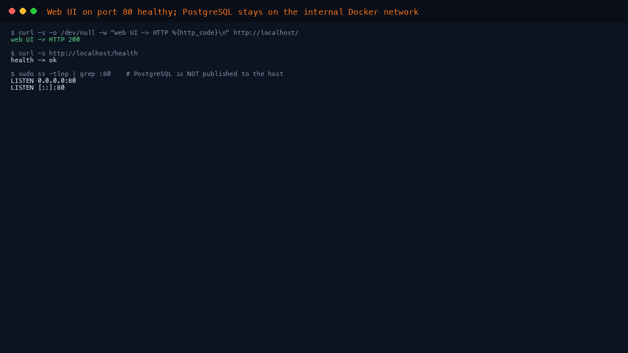 ChiefOnboarding endpoints healthy - the web UI on port 80 returns HTTP 200 and PostgreSQL is not published to the host