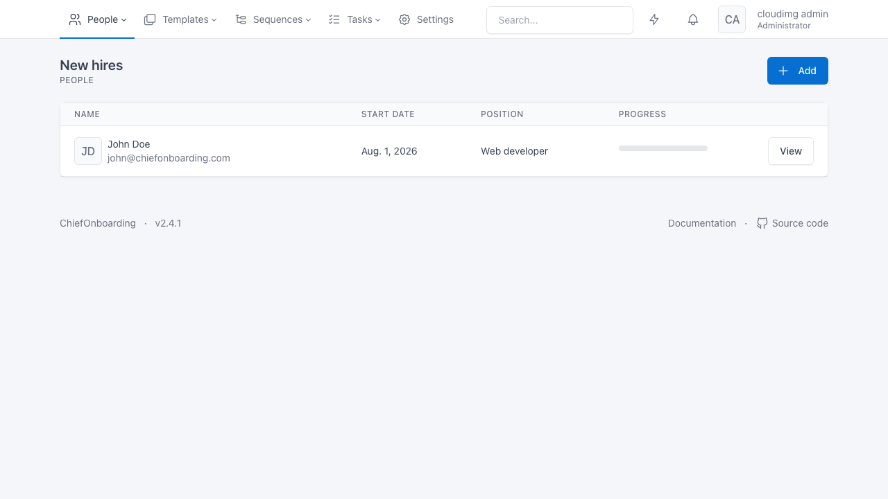 ChiefOnboarding new-hire dashboard listing people being onboarded with their start date, position and progress