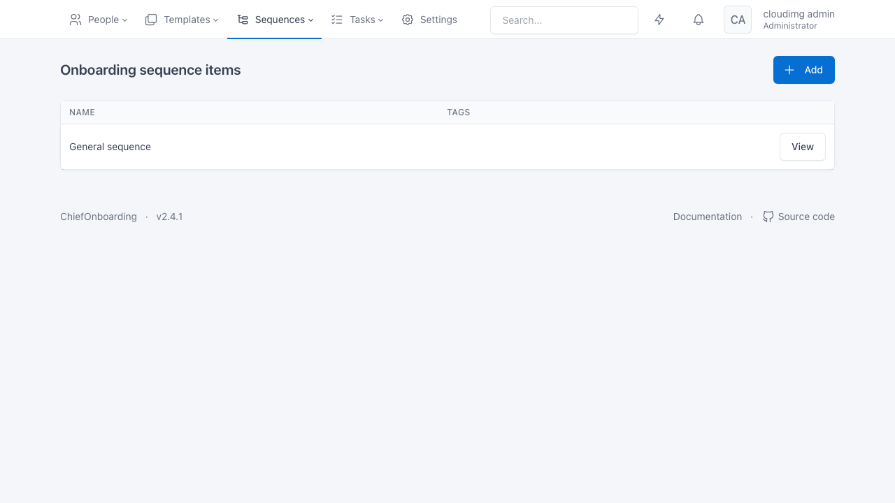 ChiefOnboarding onboarding sequences list showing the example General sequence