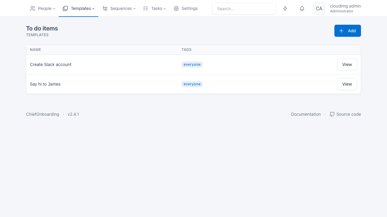 ChiefOnboarding to-do item templates showing reusable onboarding tasks tagged for everyone