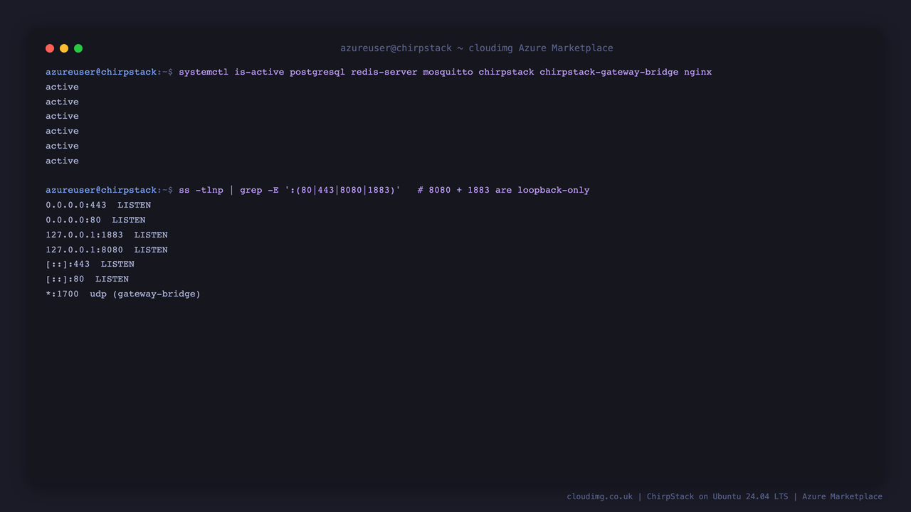 The six ChirpStack services reporting active and the listening ports, with the API and MQTT broker bound to loopback and nginx on 443