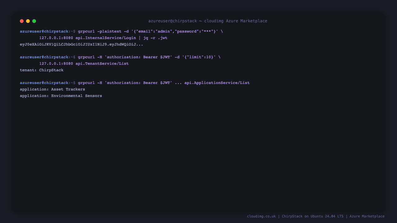 The gRPC API returning a JWT for the per VM admin, then the tenant and application lists