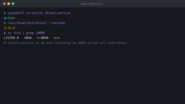 The chisel service reports active under systemd showing chisel version 1.11.8, and the listener table shows the tunnel server listening on port 8080 across all interfaces