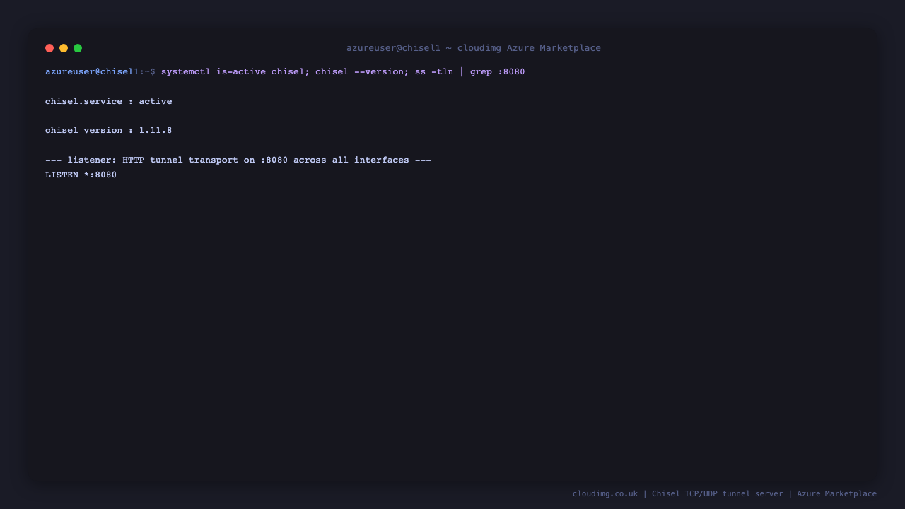The chisel service reports active under systemd showing chisel version 1.11.8, and the listener table shows the tunnel server listening on port 8080 across all interfaces